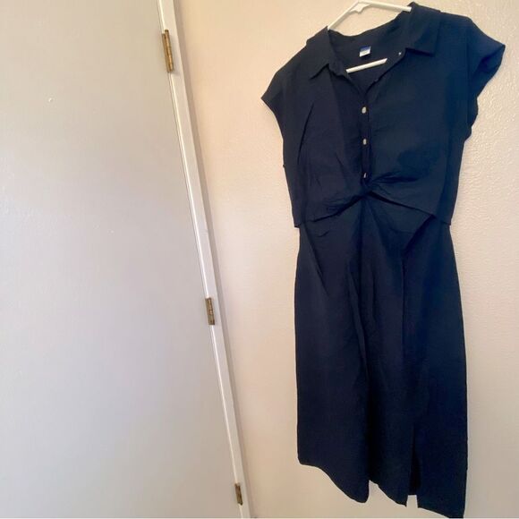 Old Navy Waist-Defined Twist-Front Midi Shirt Dress rayon linen nylon blend L - Picture 2 of 12